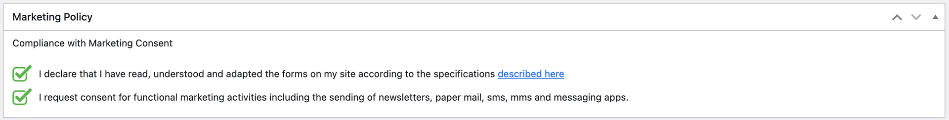 settings to enable marketing consent in privacy policy